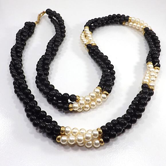Vintage Napier Faux Pearl Black Bead Necklace, Twisted Strands, 1980, 31" - Picture 8 of 10